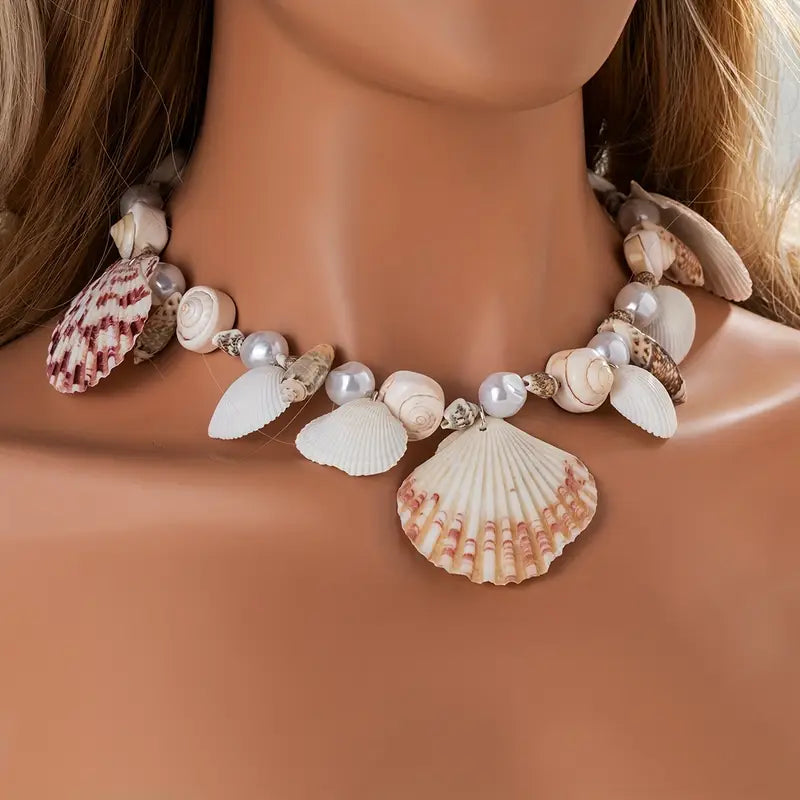 Vintage Boho Shell and Imitation Beaded Pendant Necklace, Shell Variety, Fashionable, for Daily and Vacation Wear