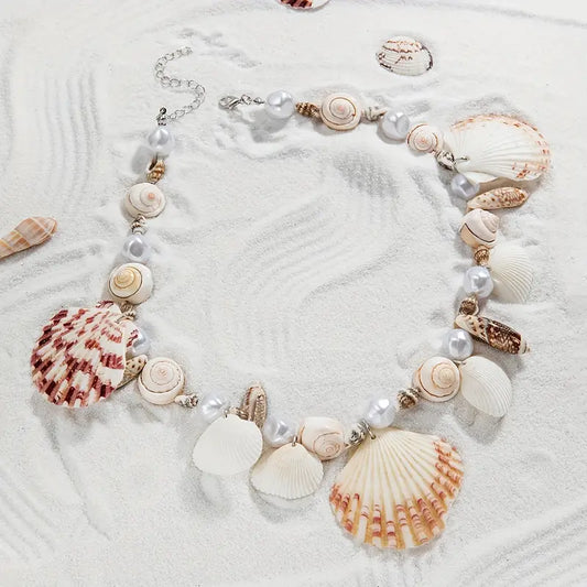 Vintage Boho Shell and Imitation Beaded Pendant Necklace, Shell Variety, Fashionable, for Daily and Vacation Wear