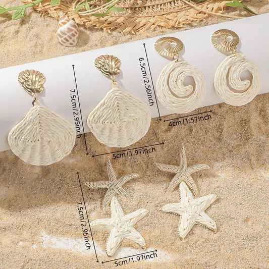 1 Set Elegant Ocean Theme Rattan Knit Drop Earrings for Women Girls Boho Summer Raffia Shell Starfish Conch Earrings Jewelry