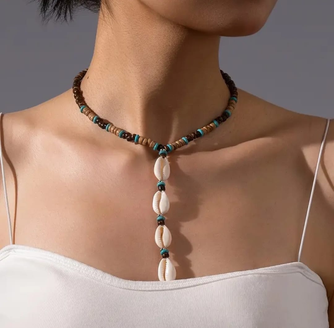 Bohemian Wood & Shell Bead Necklace for Women - Long Layered Beach Jewelry with Turquoise Accents, Everyday & Vacation Jewelry