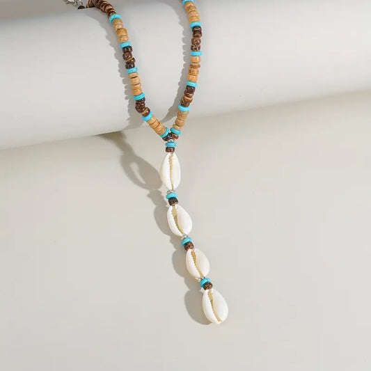 Bohemian Wood & Shell Bead Necklace for Women - Long Layered Beach Jewelry with Turquoise Accents, Everyday & Vacation Jewelry