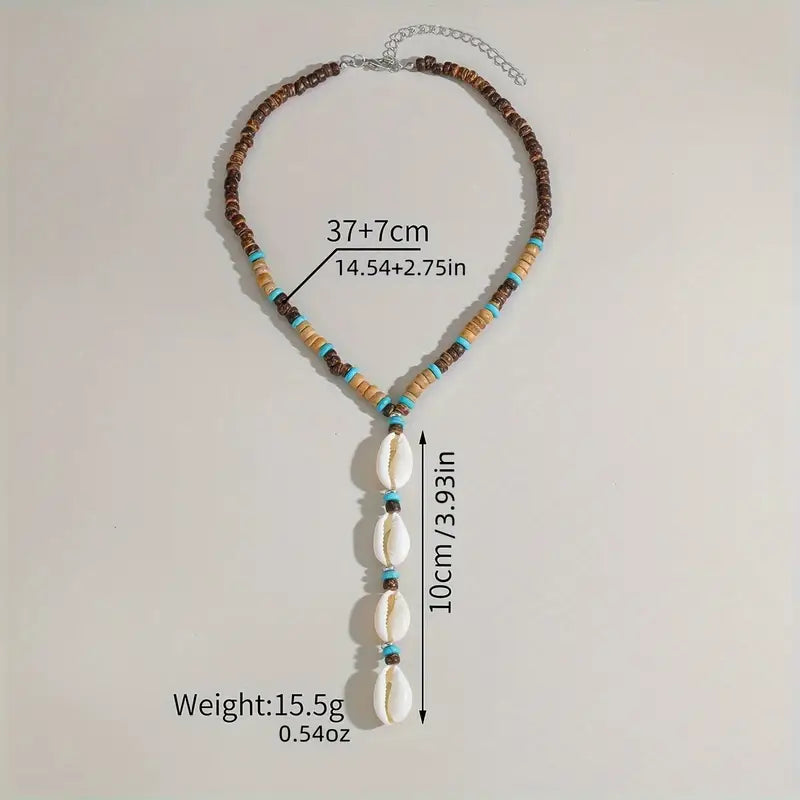 Bohemian Wood & Shell Bead Necklace for Women - Long Layered Beach Jewelry with Turquoise Accents, Everyday & Vacation Jewelry