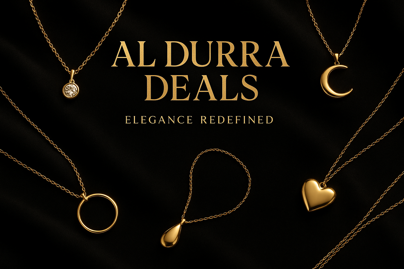 "A premium, high-resolution e-commerce banner for a luxury jewelry brand named 'Al Durra Deals'. Elegant gold necklaces and pendants displayed on a soft black velvet background with subtle golden lighting. Minimalist yet glamorous composition, modern luxury typography for 'Al Durra Deals' in gold foil effect, and a subtle tagline like 'Elegance Redefined'. High-end fashion photography style, ultra-realistic, perfect for Shopify homepage hero banner." make a professonal dropshipping type 
