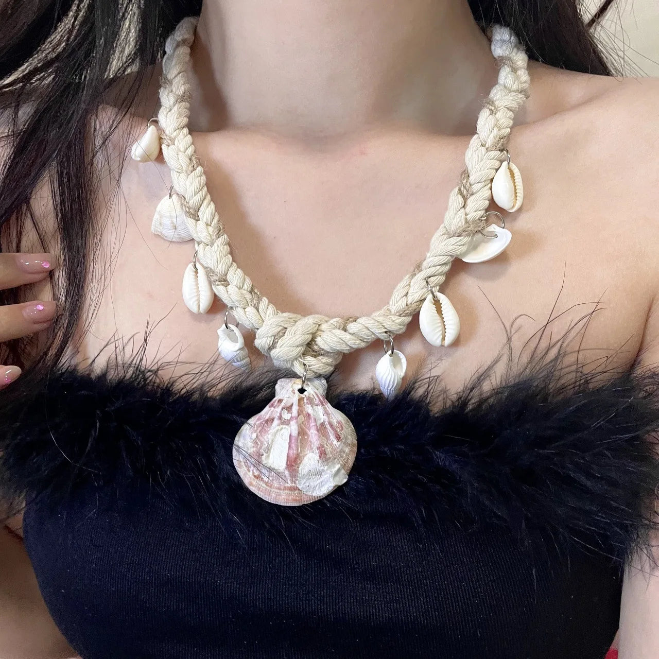 Summer Trend Shell Pendant Braided Rope Necklace Bohemian Clavicle Chain for Women Girl Charm Neck Chain HUANZHI 2025 NEW INS