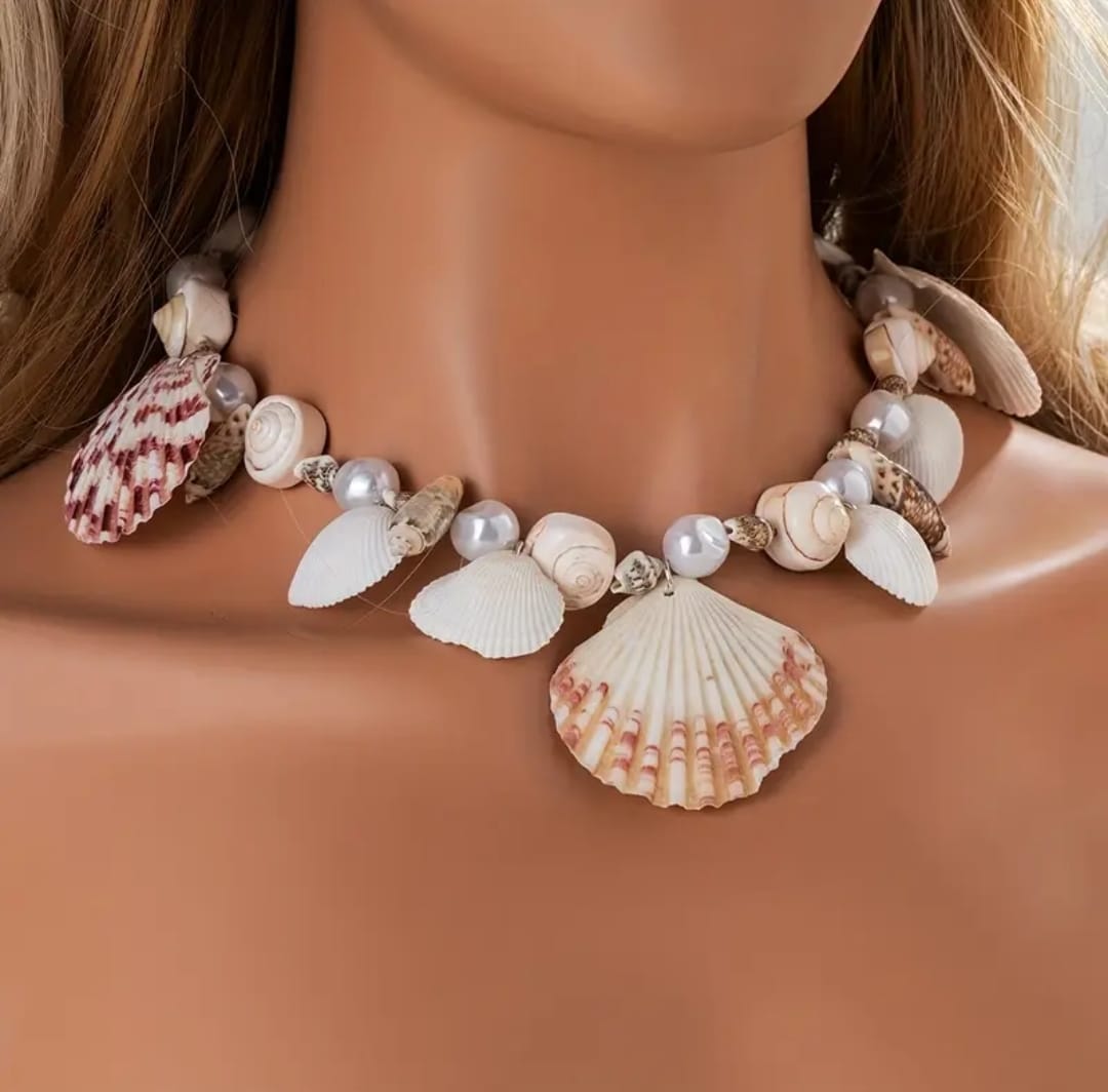 Vintage Boho Shell and Imitation Beaded Pendant Necklace, Shell Variety, Fashionable, for Daily and Vacation Wear