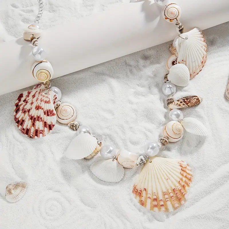 Vintage Boho Shell and Imitation Beaded Pendant Necklace, Shell Variety, Fashionable, for Daily and Vacation Wear