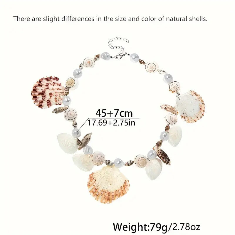 Vintage Boho Shell and Imitation Beaded Pendant Necklace, Shell Variety, Fashionable, for Daily and Vacation Wear