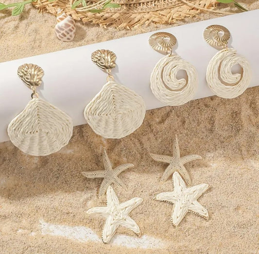 1 Set Elegant Ocean Theme Rattan Knit Drop Earrings for Women Girls Boho Summer Raffia Shell Starfish Conch Earrings Jewelry