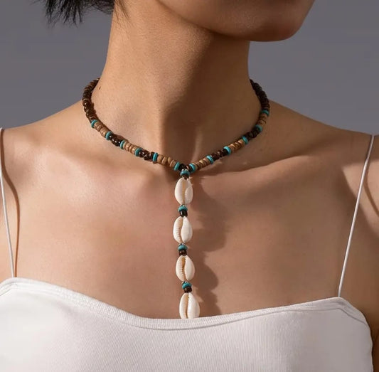 Bohemian Wood & Shell Bead Necklace for Women - Long Layered Beach Jewelry with Turquoise Accents, Everyday & Vacation Jewelry