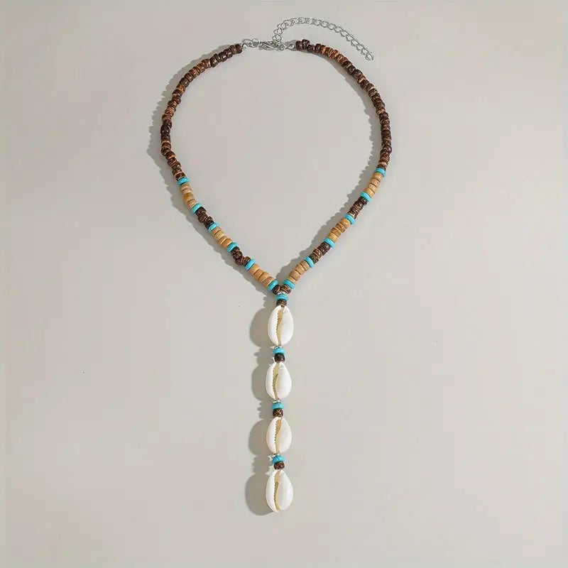 Bohemian Wood & Shell Bead Necklace for Women - Long Layered Beach Jewelry with Turquoise Accents, Everyday & Vacation Jewelry